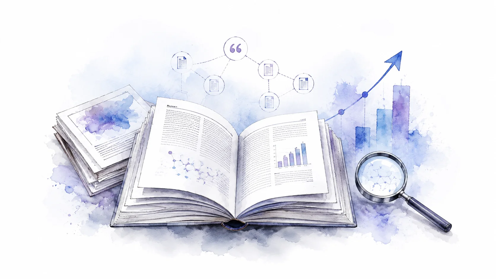 Watercolor illustration of citation growth, journal impact factor, and research discovery